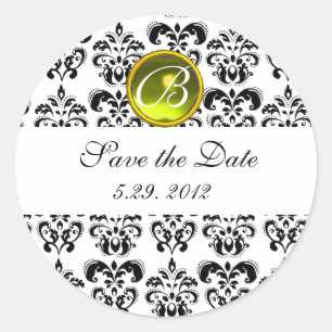 Sticker Rond DAMAS NOIR ET BLANC MONOGRAMME topaze jaune