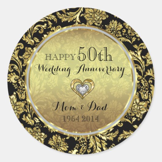 Sticker Rond Damas Noir & Or 50e anniversaire de Mariage (Devant)