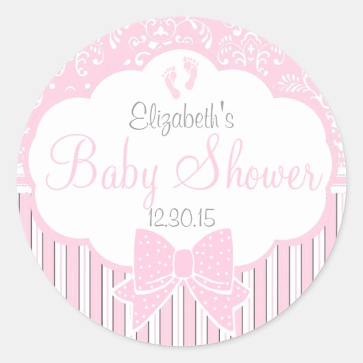 Sticker Rond Damas, rayures Empreintes Baby shower rose (Devant)