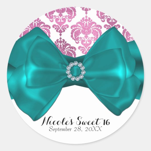 Sticker Rond Damas rose et blanc Turquoise Bow Glam Sweet 16 Pa (Devant)