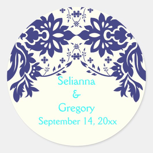Sticker Rond Damask bleu marine, aqua, mariage Enregistrer la d (Devant)