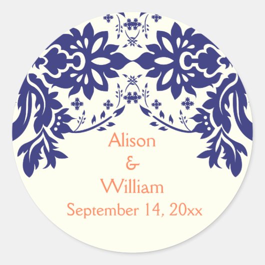 Sticker Rond Damask marine bleu, corail, mariage Enregistrer la (Devant)