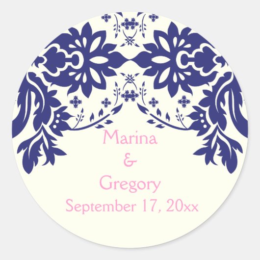 Sticker Rond Damask marine bleu, rose, mariage Enregistrer la d (Devant)