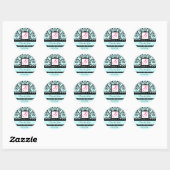 Sticker Rond DAMASK MONOGRAM, rose fuchsia bleu (Feuille)