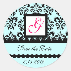 Sticker Rond DAMASK MONOGRAM, rose fuchsia bleu