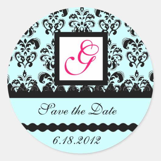 Sticker Rond DAMASK MONOGRAM, rose fuchsia bleu (Devant)
