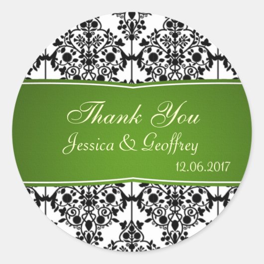 Sticker Rond Damask noir, blanc et vert Merci Mariage St (Devant)