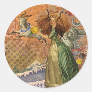 Sticker Rond Dame de la Renaissance Capricorne Fantastique Vint