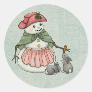 Sticker Rond Dame de neige avec Bunnies Noël Vacances