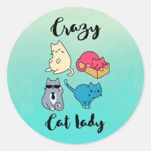 Sticker Rond Dame du chat fou et 4 chats mignons