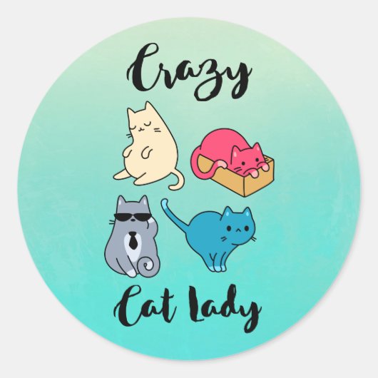 Sticker Rond Dame du chat fou et 4 chats mignons (Devant)