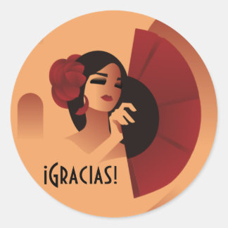 Sticker Rond Dame espagnole avec ventilateur et rose rouge chev