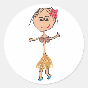 Sticker Rond Dame hawaïenne en jupe d'herbe
