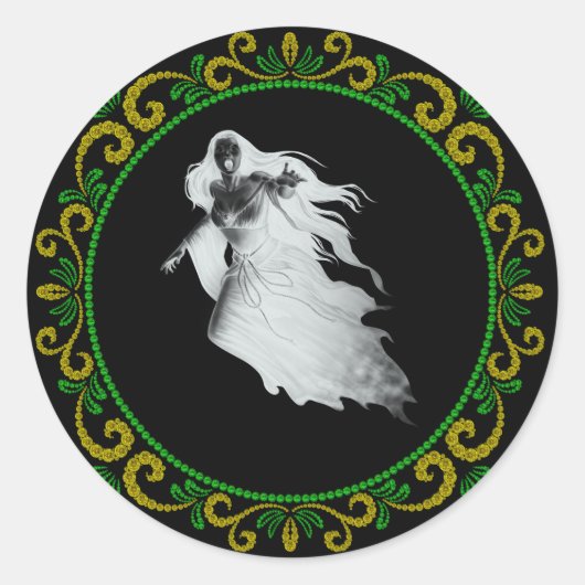 Sticker Rond Dame Vert Jaune En Blanc Fantôme Halloween (Devant)