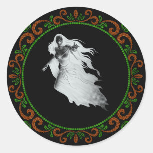 Sticker Rond Dame Verte Orange En Blanc Fantôme Halloween