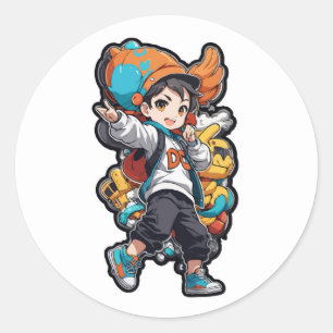 Sticker Rond Dancing Boy with Robot Sidekick Cartoon Design