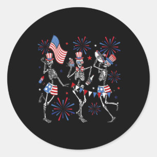 Sticker Rond Dancing Skeleton Us Drapeau Feu d'artifice Patriot