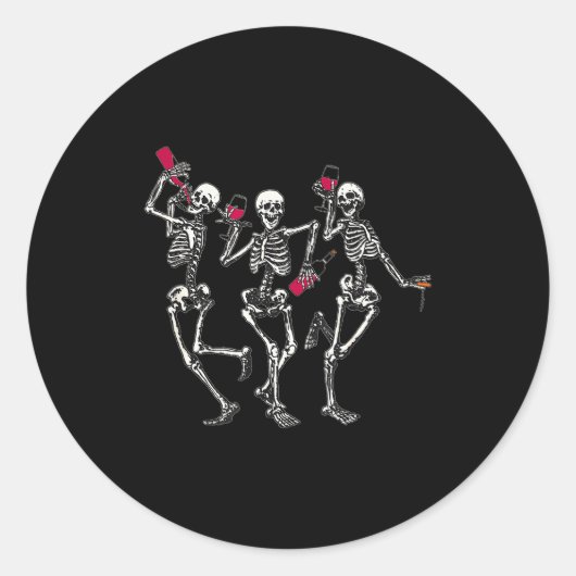 Sticker Rond Dancing Skeletons Drinking Wine Lover Funny Hallow (Devant)