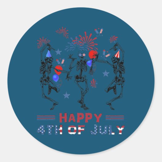 Sticker Rond Dancing Skeletons Fireworks Happy 4th of July (Devant)