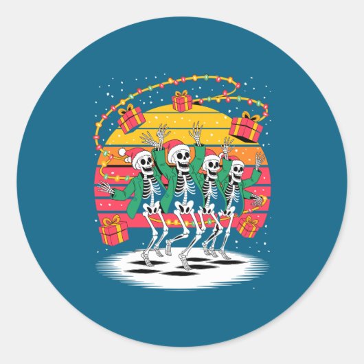 Sticker Rond Dancing Skeletons With Santa Hats Christmas Lights (Devant)