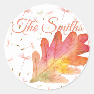 Sticker Rond Dandelions délicats et feuilles d'automne