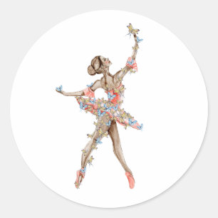 Sticker Rond Danse d'aquarelle ballerine avec papillon