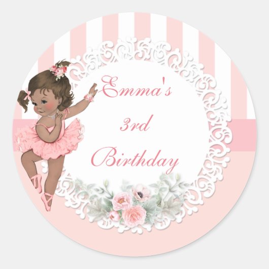 Sticker Rond Danseuse de ballet rose tutu rayures fleurs (Devant)