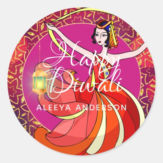Sticker Rond Danseuse de fête Diwali Bollywood Personnalisée (Devant)