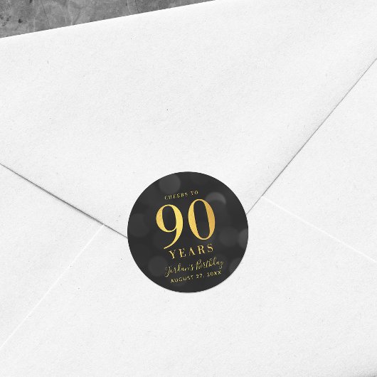 Sticker Rond Dark Bokeh Gold salue à 90 ans Anniversaire