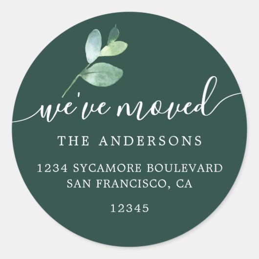 Sticker Rond Dark Green Eucalyptus We’ve Moved Address (Devant)