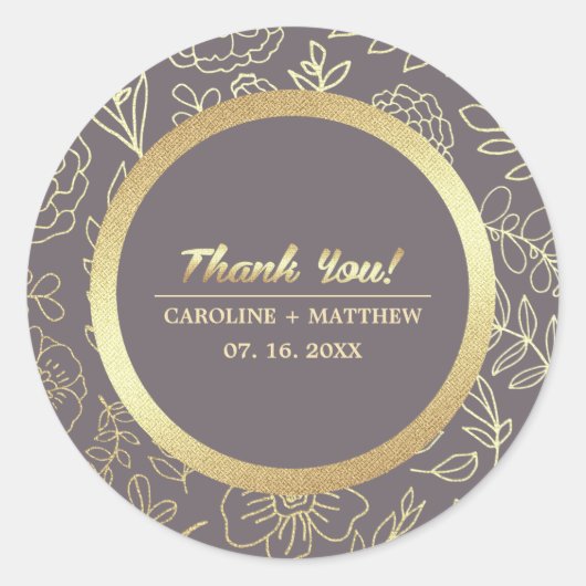 Sticker Rond Dark Mocha or Mariage Floral Merci (Devant)