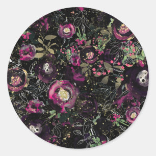 Sticker Rond Dark Moody Berry Plum Étincelle Florale Moderne
