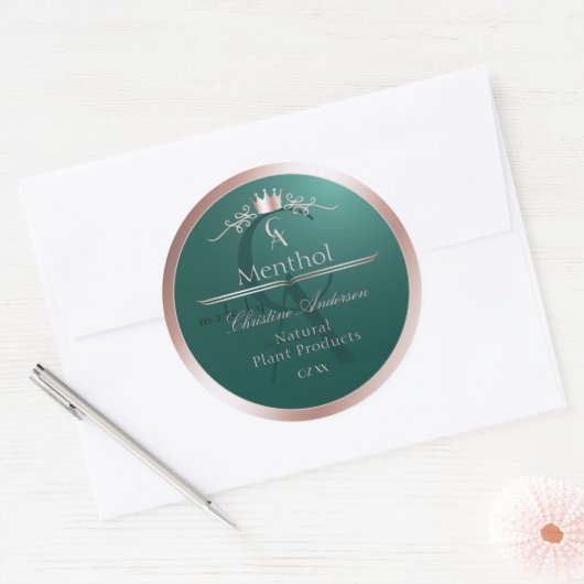 Sticker Rond Dark Teal Product Label Rose Gold Frame Monogram (Enveloppe)