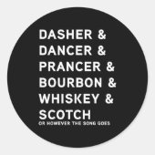 Sticker Rond Dasher Dancer Prancer And Bourbon Whiskey Funny Ch (Devant)