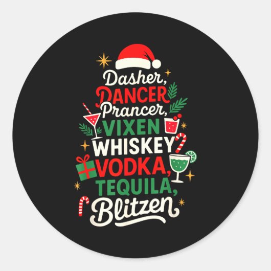 Sticker Rond Dasher Dancer Prancer Vixen Moscato Vodka Tequila (Devant)
