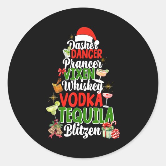 Sticker Rond Dasher Dancer Prancer Vixen Moscato Vodka Tequila (Devant)