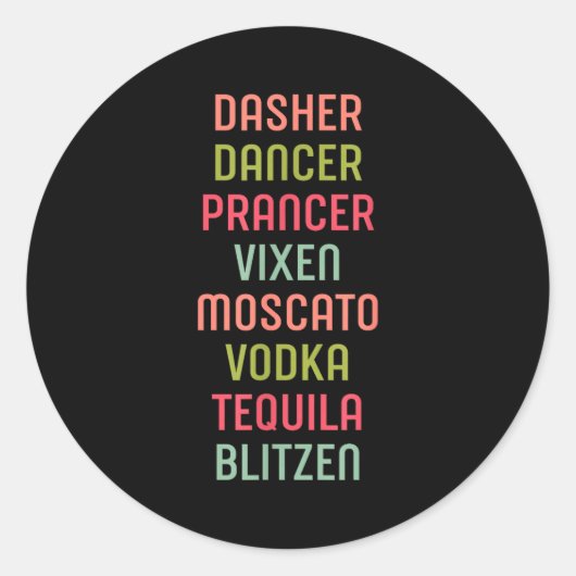 Sticker Rond Dasher Dancer Prancer Vixen Moscato Vodka Tequila  (Devant)