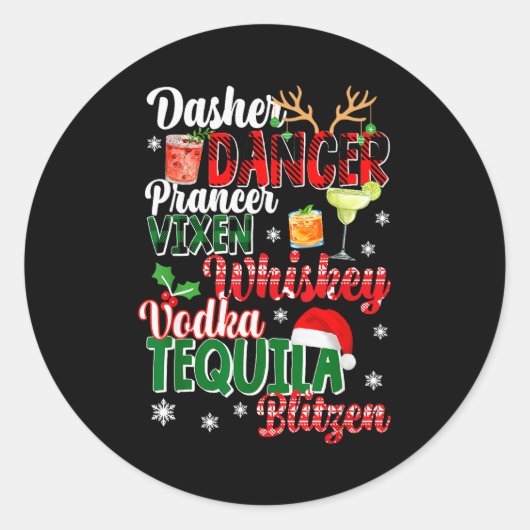 Sticker Rond Dasher Dancer Prancer Vixen Moscato Vodka Tequila (Devant)