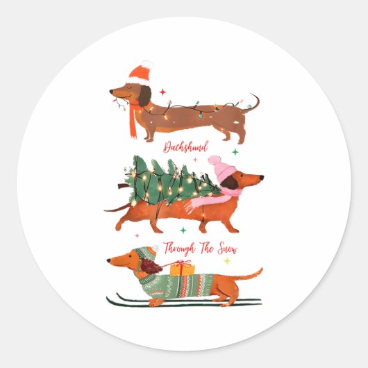 Sticker Rond Dashing Through The Snow Christmas Wiener Dog Holi (Devant)