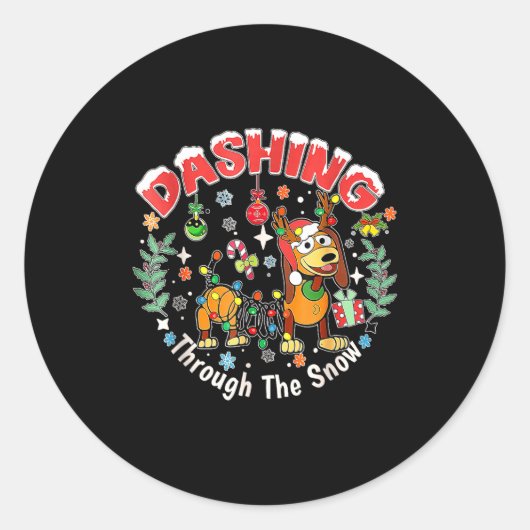Sticker Rond Dashing Through The Snow, Dog Christmas, Funny Chr (Devant)