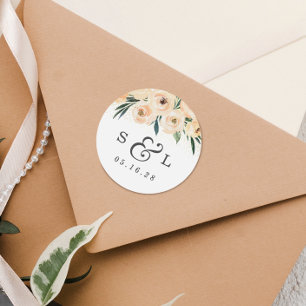 Sticker Rond Date de mariage floral et initiales du couple