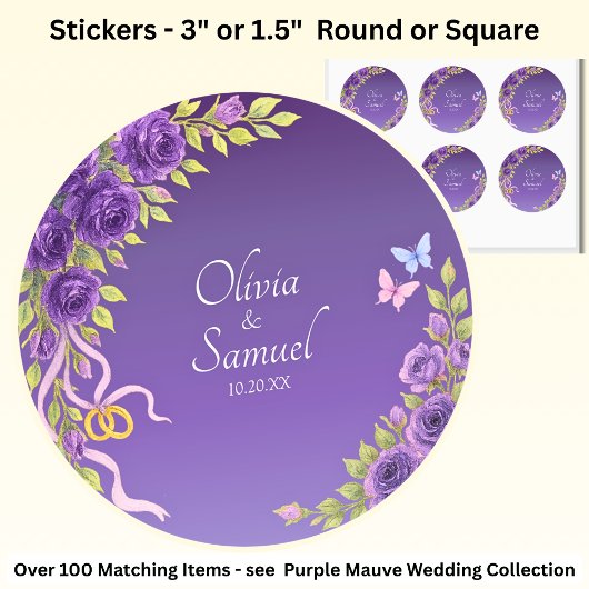Sticker Rond Date + Noms des mariés Fleurs Mauve Violet
