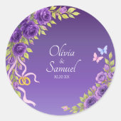 Sticker Rond Date + Noms des mariés Fleurs Mauve Violet (Devant)