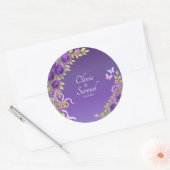 Sticker Rond Date + Noms des mariés Fleurs Mauve Violet (Enveloppe)