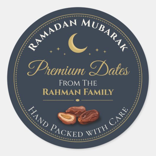 Sticker Rond Dates de Ramadan Célestes Premium Or Navy Élégant (Devant)