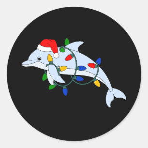 Sticker Rond Dauphin de Noël Chapeau de Père Noël Lumières Xmas