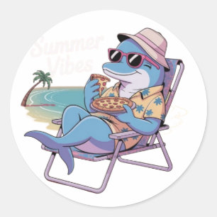 Sticker Rond Dauphin mange de la pizza