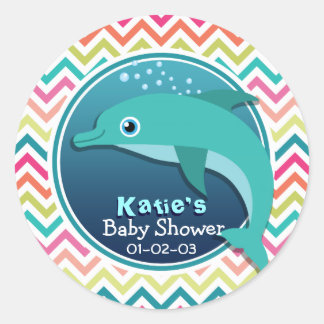 Sticker Rond Dauphin mignon; Baby shower coloré Chevron