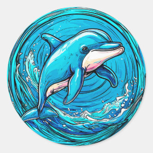 Sticker Rond Dauphin stylisé nageant dans des vagues bleues vib