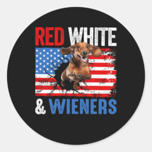 Sticker Rond De Juillet Dachshund Chien Chemise Rouge Blanc Et